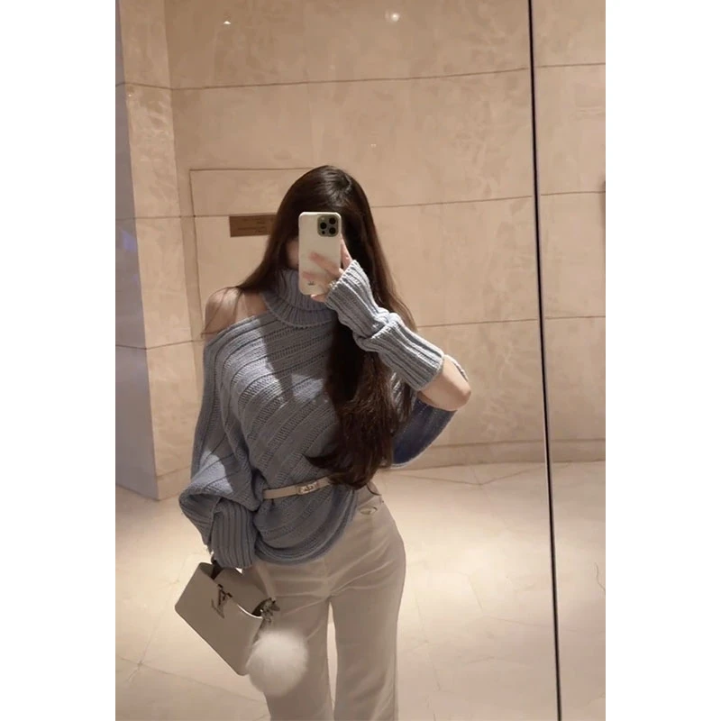 2025秋季新款斜肩针织毛衣女慵懒风不规则纯欲气质露肩上衣阔腿裤