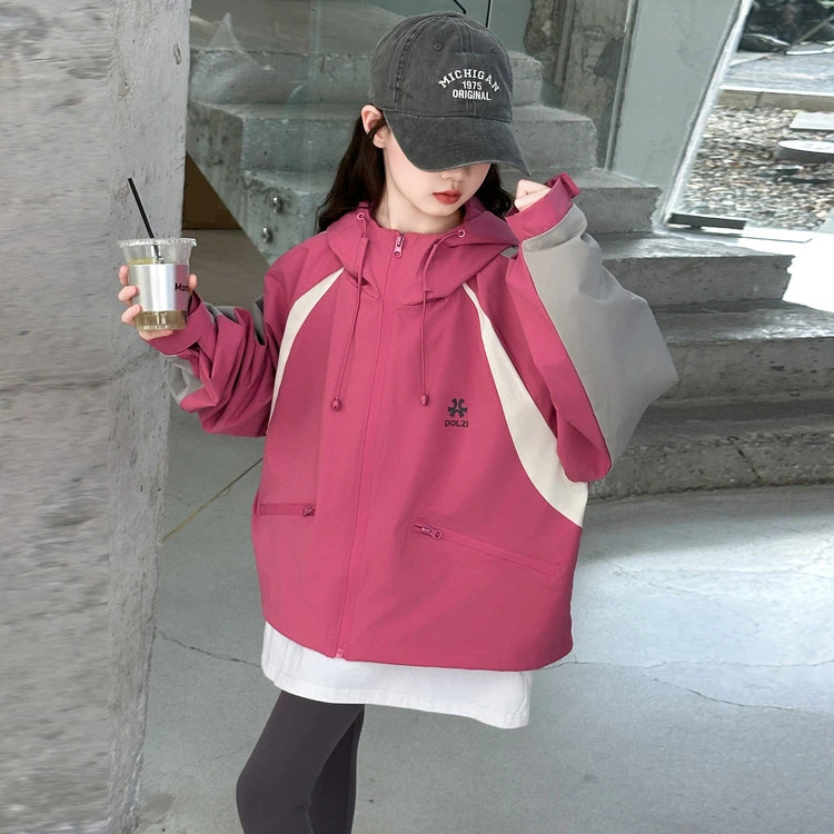 儿童短款风衣女童外套春秋8-12岁洋气中大童上衣休闲韩版宽松撞色