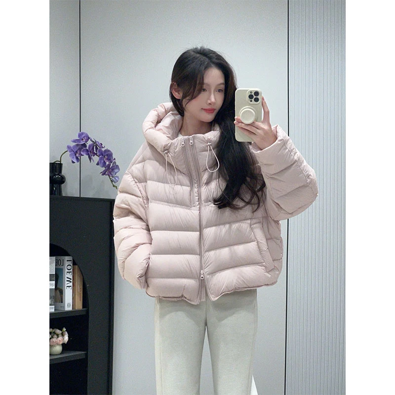双拉链排骨粉色小泡芙连帽棉服女短款2026冬季新款设计感保暖外套