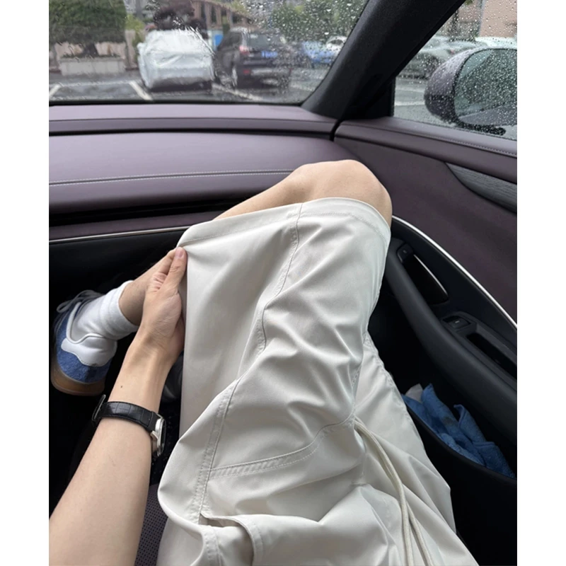 藏青色美式斜切工装短裤男夏季薄款抽绳速干冰丝裤痞帅休闲五分裤