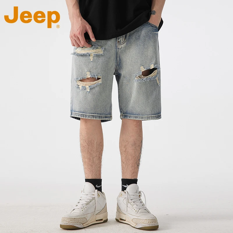 JEEP吉普ins风破洞牛仔短裤男士夏季薄款痞帅宽松休闲男款中裤子