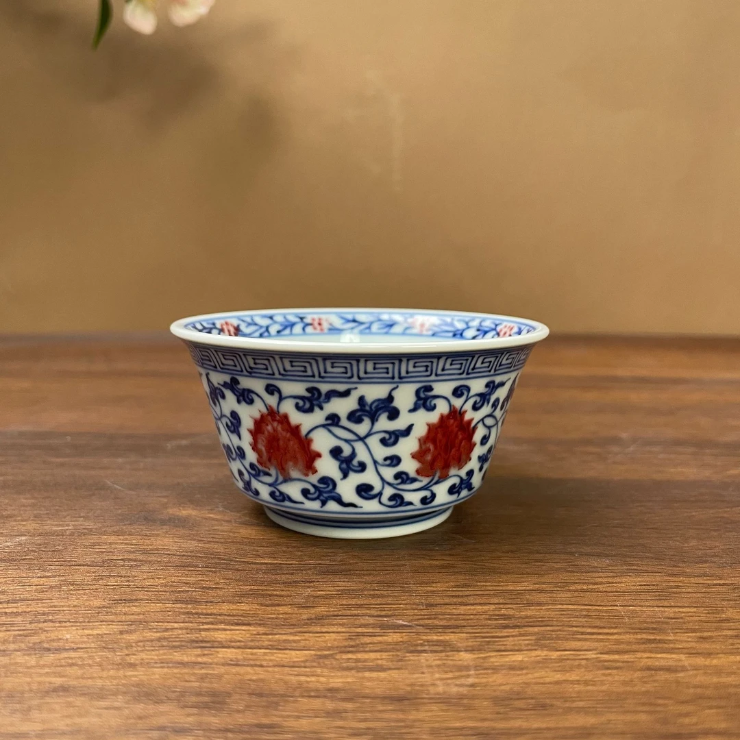 【望月御品】缠枝莲釉里红马蹄杯手工手绘景德镇茶具容量90毫升