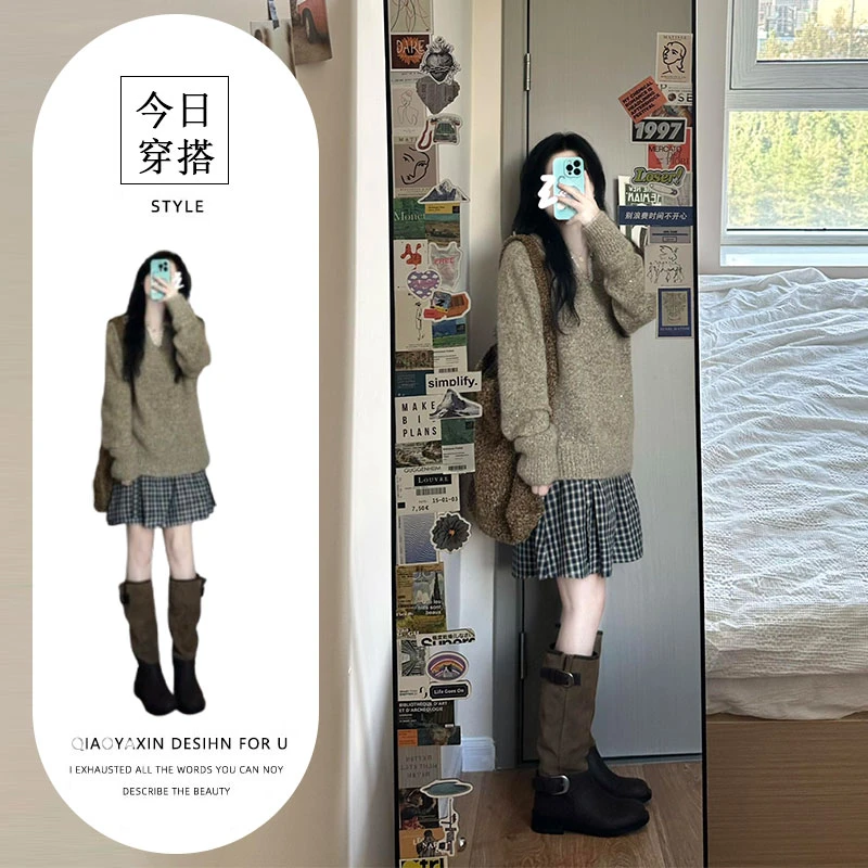 韩系慵懒风穿搭套装女秋季新款V领针织衫上衣格子半身裙两件套女