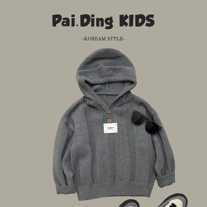 【兔小呗】萌娃穿搭韩版时尚贴标设计套头多色连帽毛衣SJ4226