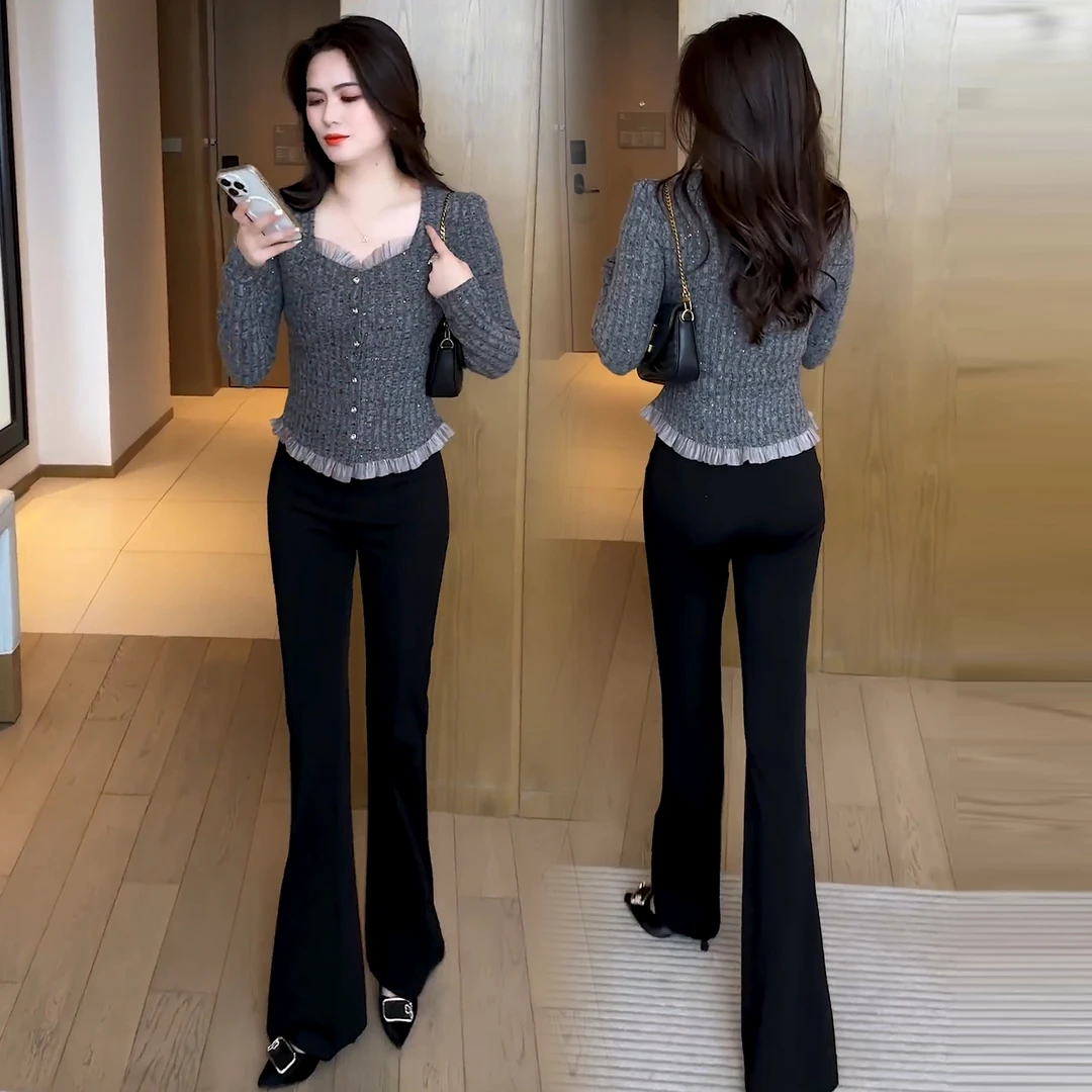 时尚洋气套装女2025秋季新款设计感花边T恤上衣显瘦微喇裤两件套