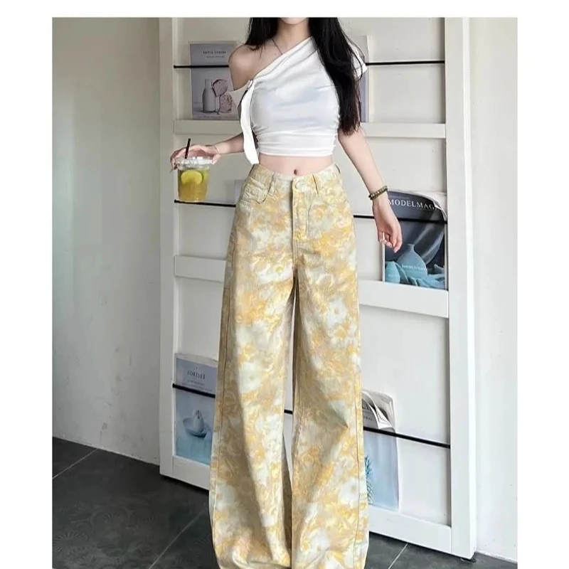 夏季宽松设计感薄款裤子高腰印花女牛仔裤阔腿裤阔腿复古OY004