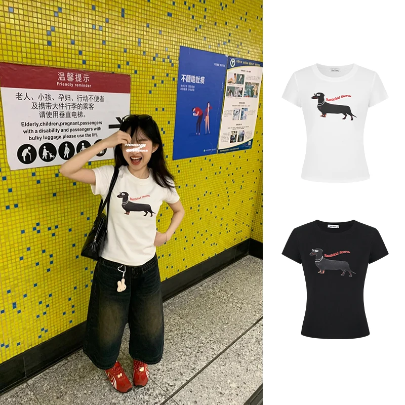 Moses Queen/魔西女王美式复古腊肠狗印花短袖T恤显瘦短款上衣