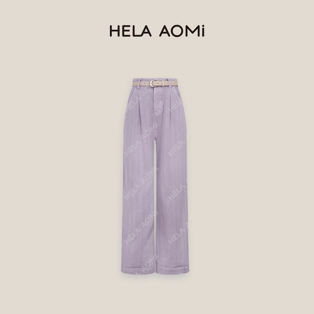 HELAAOMI“人字纹腰带裤”直筒挺括有型裤脚卷边阔腿长裤CY5AM61536