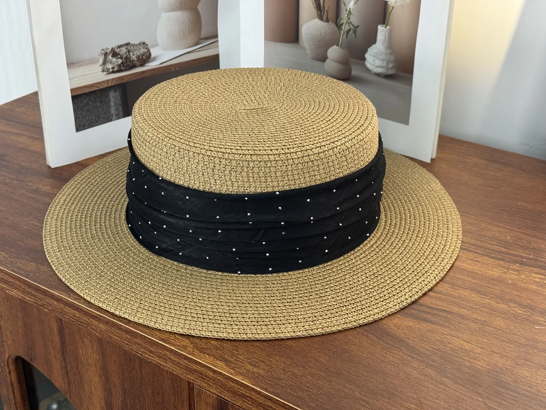 （星空钻）洋气平顶宽檐时尚烫钻工艺遮阳草帽百搭帽子女款平顶帽