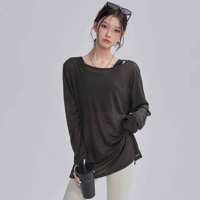 宽松薄款瑜伽服罩衫女透气速干跑步运动上衣性感户外健身训练长袖