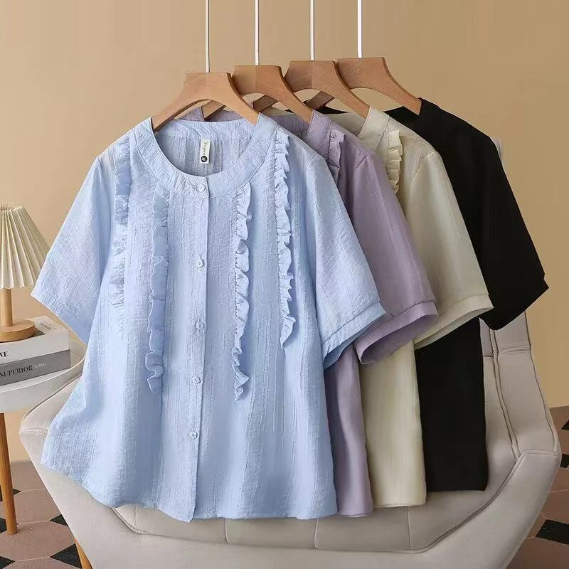 夏季韩版大码胖mm休闲显瘦遮肉时尚宽松透气花边圆领短袖小衫010