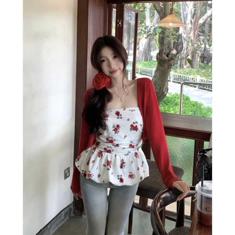 大码春夏新款复古碎花抹胸上衣+开衫两件套女胖mm显瘦百搭套装