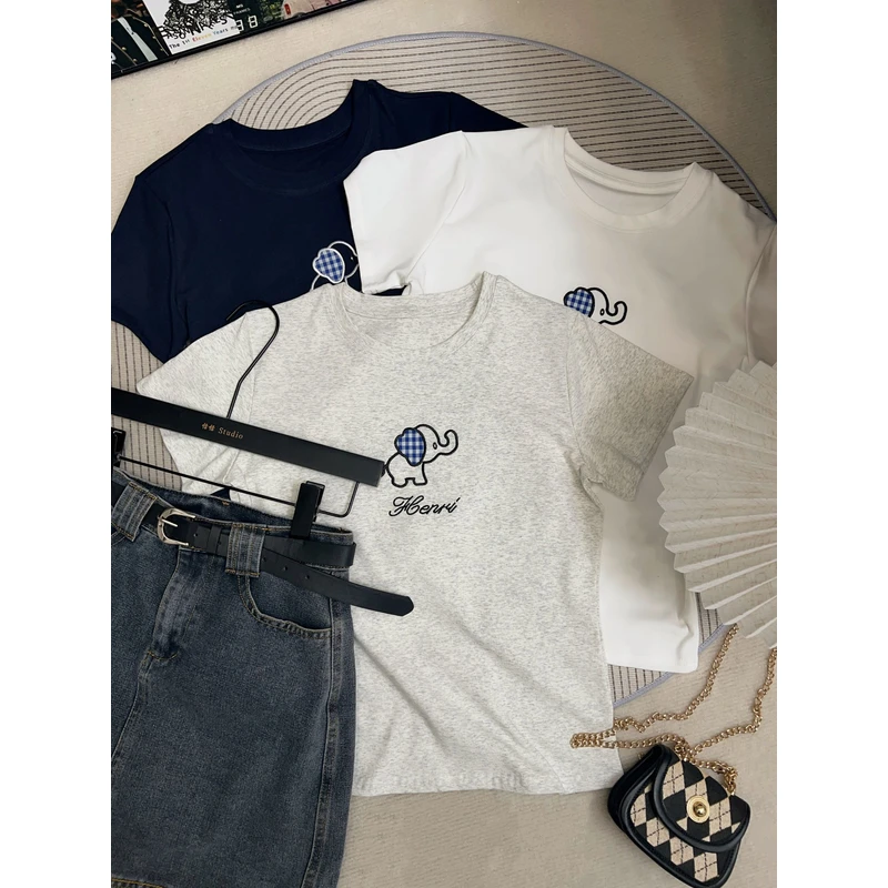 【小飞象】3D韩版有弹力吸汗宽松型休闲洋气短袖刺绣棉t女上衣