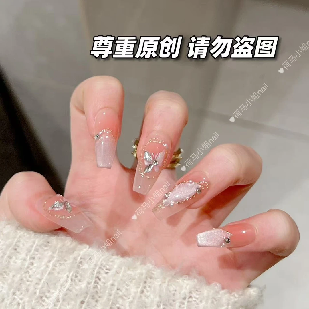 【玉蝶浮影】新款纯手工穿戴甲高级轻奢款蝴蝶美甲贴长款显白美甲