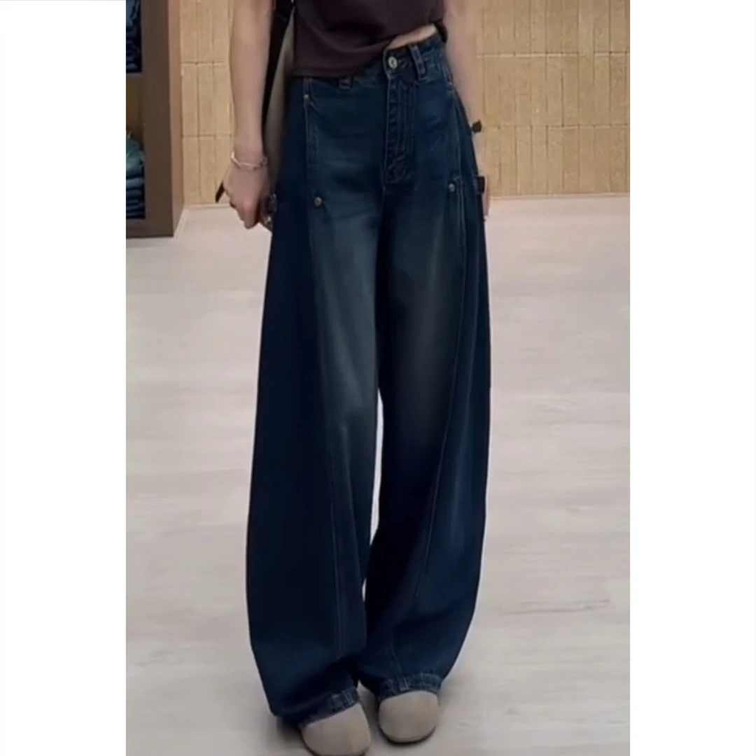 设计感韩版高腰直筒裤早秋新款女梨形身材遮胯显瘦百搭阔腿牛仔裤