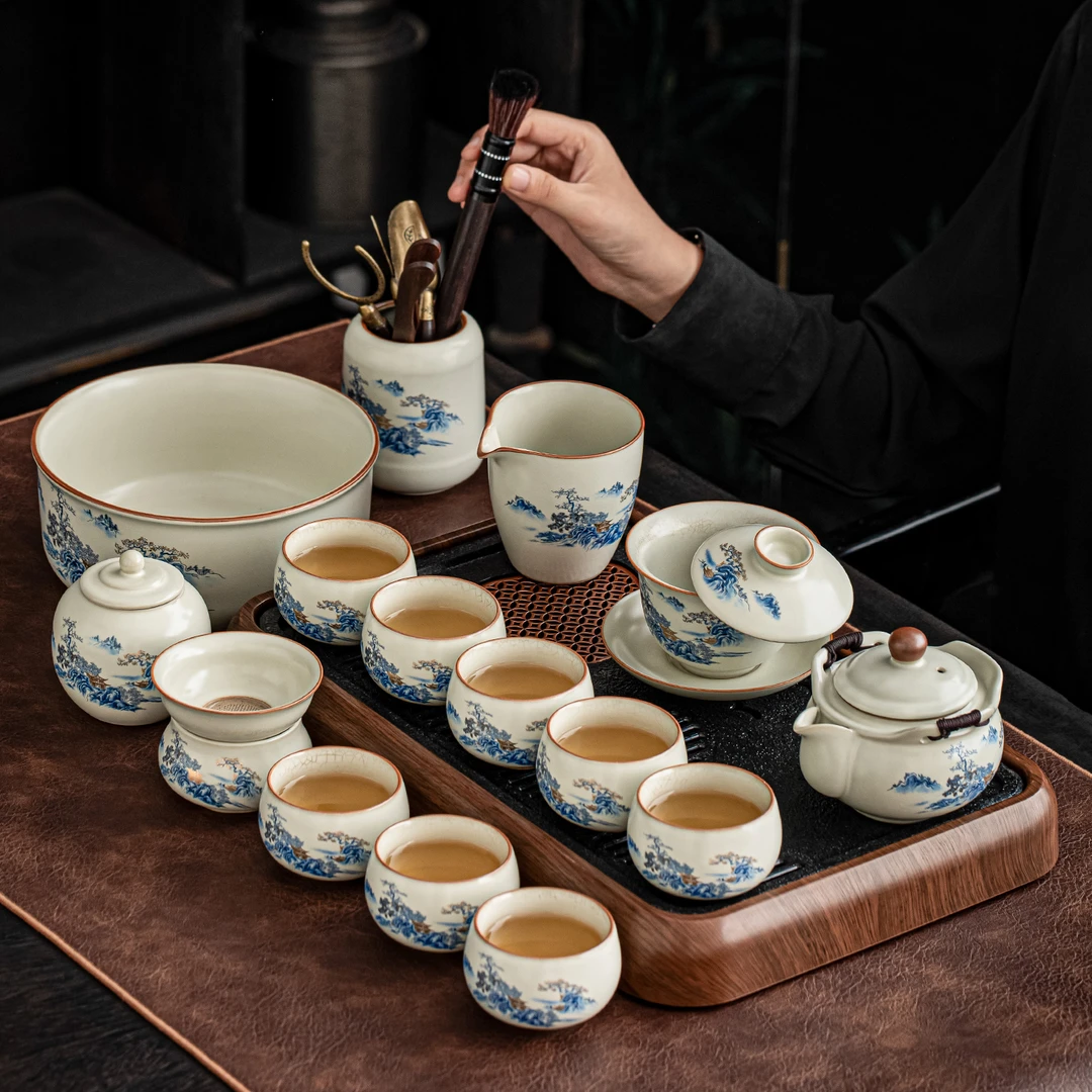 中式山水风手抓壶汝窑功夫茶具套装办公室家用待客整套茶具套装