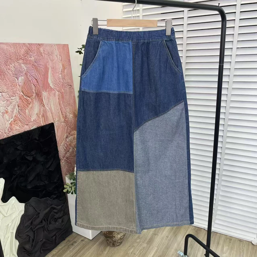 日系百搭「多片拼接松紧腰」水洗牛仔半身裙E5577