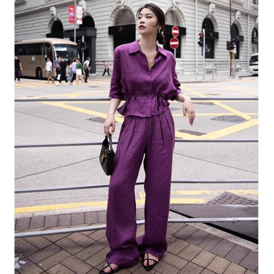 高级感紫色韩系休闲套装女夏季轻熟减龄洋气棉麻衬衫阔腿裤两件套