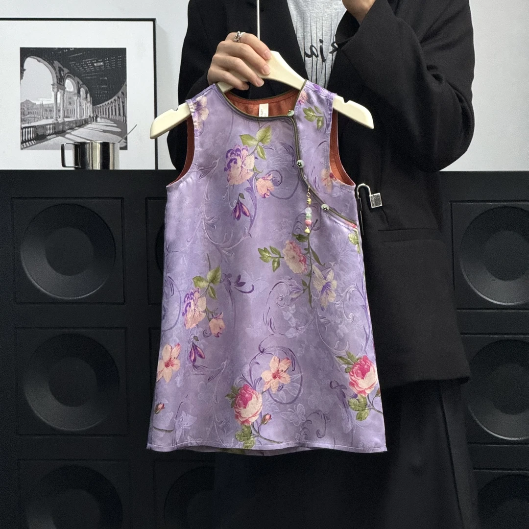 壹妈原创设计新款童装新中式无袖改良版旗袍裙国风碎花背心连衣裙