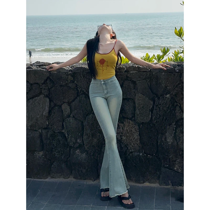 人鱼高腰毛边微喇牛仔裤女2025年秋季新款显高鱼尾喇叭长裤修身