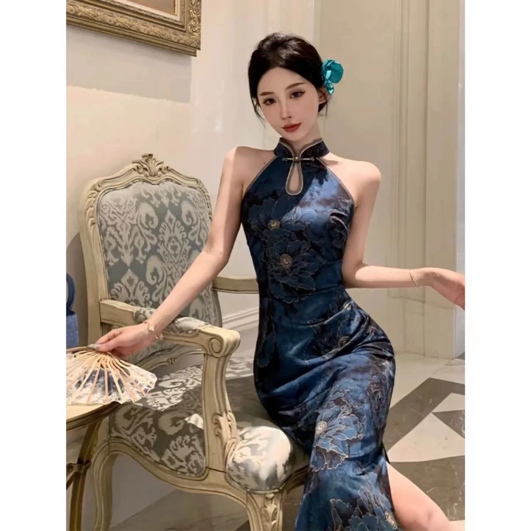 【D01】2025夏季新款新中式国风改良无袖挂脖旗袍收腰显瘦连衣裙