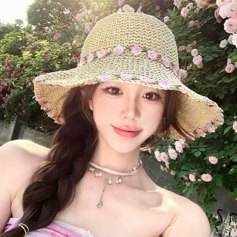 花朵草帽渔夫帽夏季海边新款度假沙滩田园草编可折叠遮阳防晒帽子