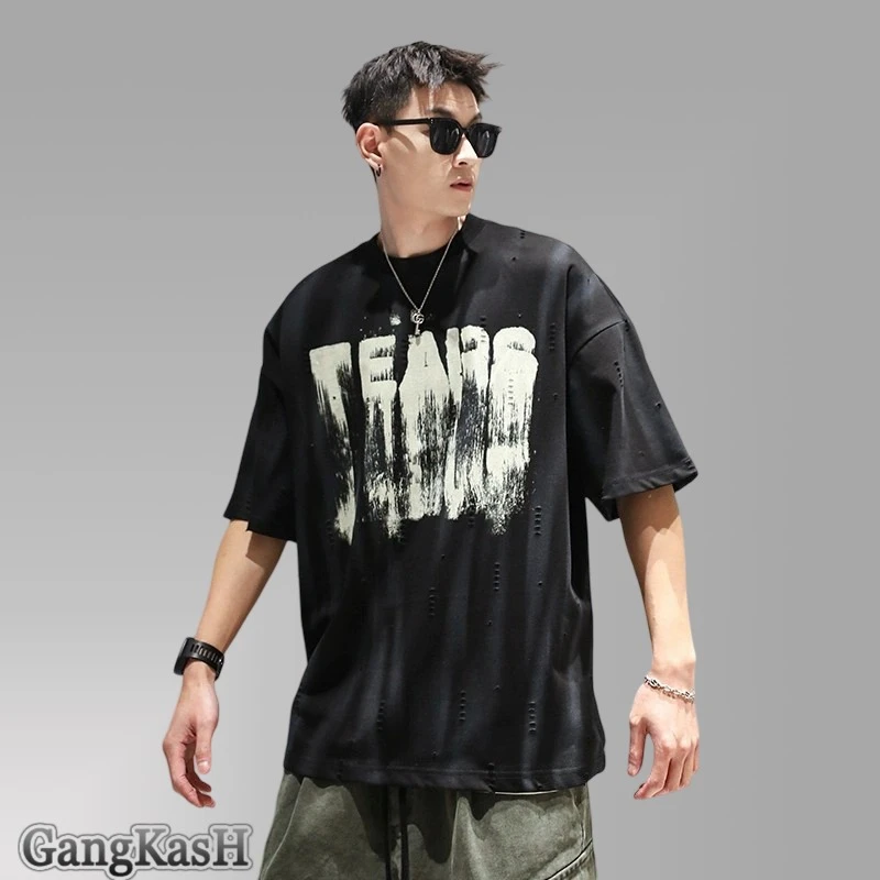 GANGKASH245G重磅破洞印花短袖T恤男夏季2025新款潮牌美式圆领t恤