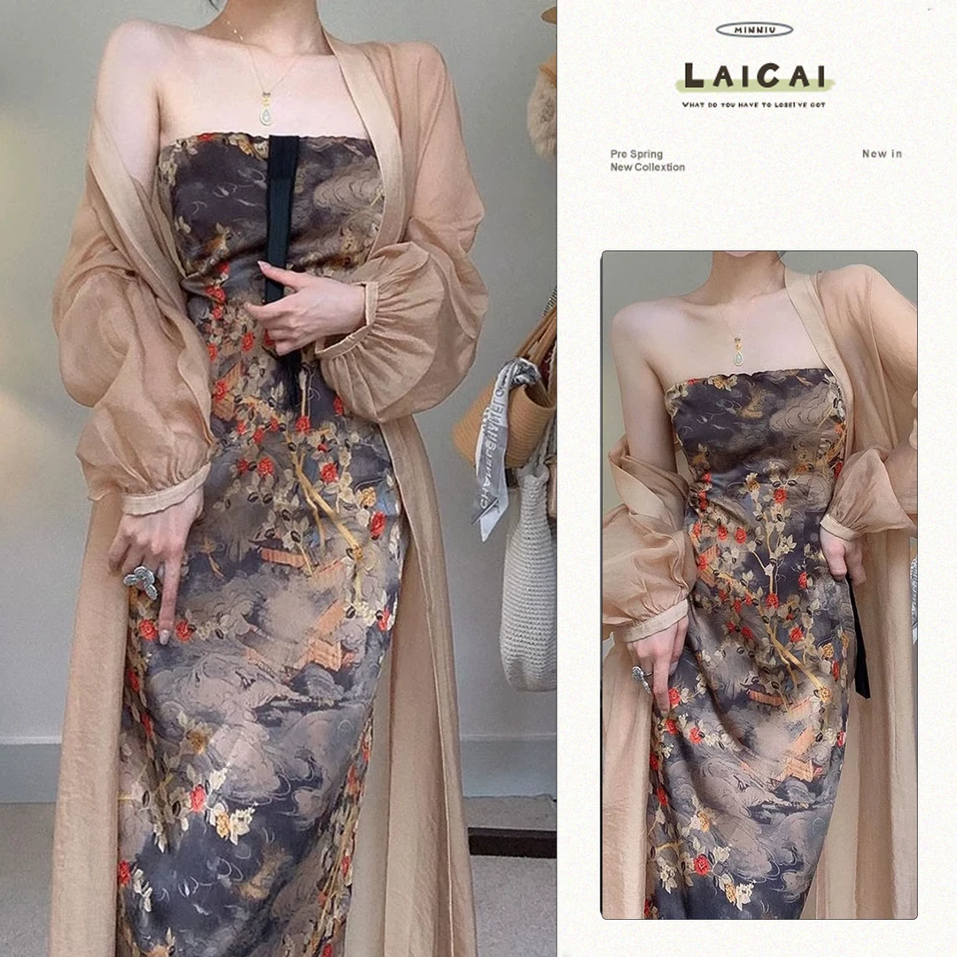 新中式禅意改良旗袍2025夏季国风复古油画抹胸连衣裙开衫两件套女