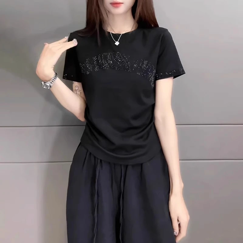 高级感烫钻短袖t恤女胖mm大码女装夏季新款时尚休闲显瘦圆领上衣
