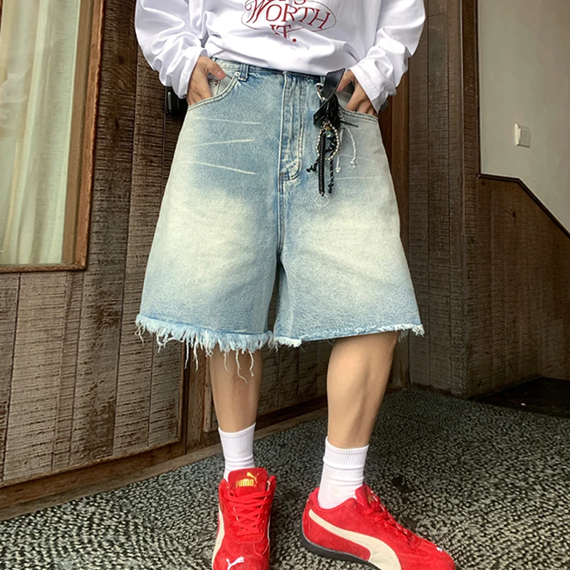 Holocene美式潮牌宽松版型洗水蓝短裤拉须毛边牛仔裤五分裤58259