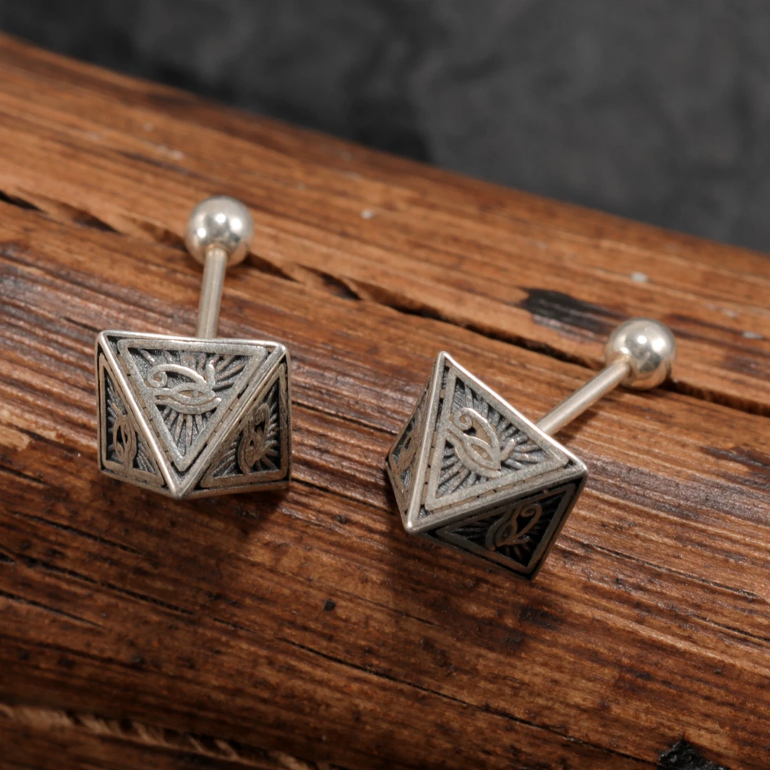 925银耳饰 复古做旧金字塔耳钉全视之眼立体小众个性图腾耳圈耳环