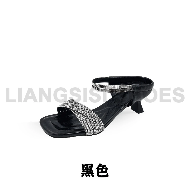 法式水钻细跟时尚新款夏季露趾方头高跟鞋-6622