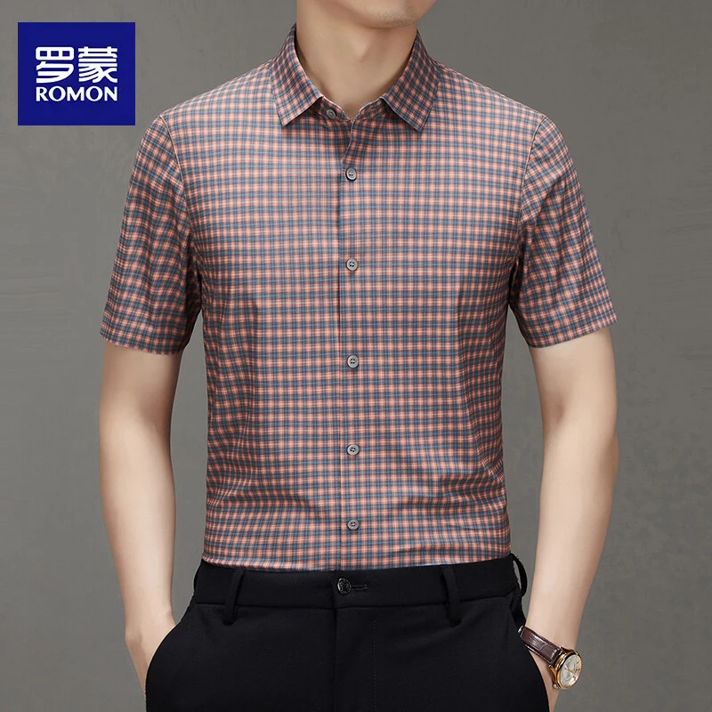 罗蒙夏季2025新款格子短袖商务休闲衬衫修身男士短袖衬衣百搭衬衫