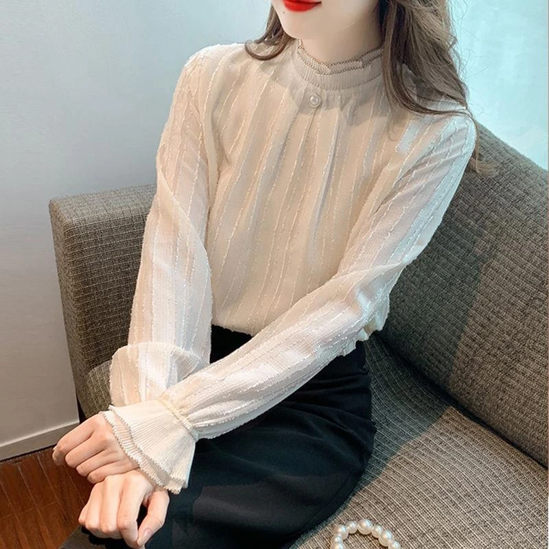 加绒保暖雪纺衫女秋冬款气质小香风蕾丝小衫灯笼袖半高领T恤上衣