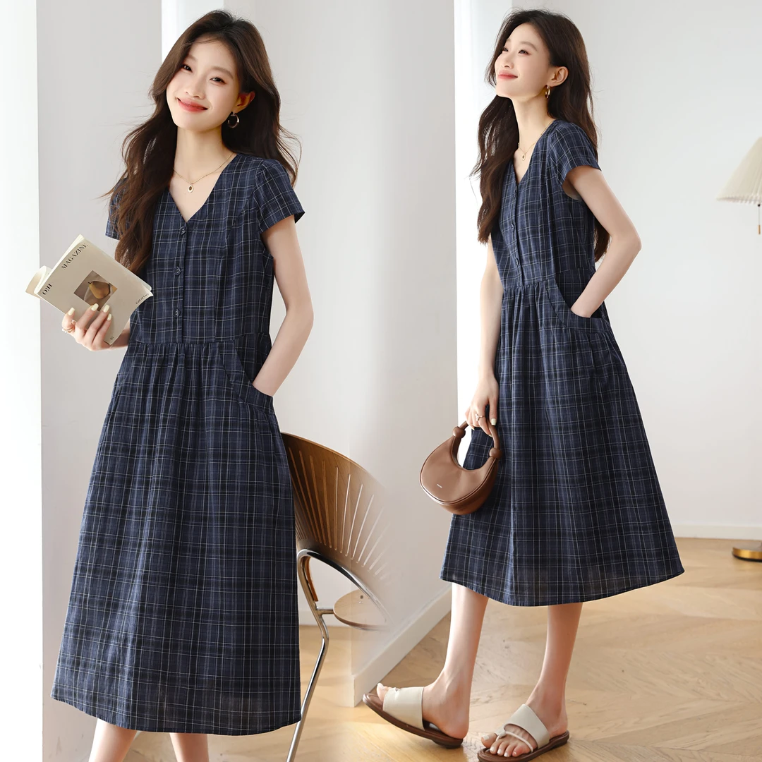 现货2025年夏季气质文艺青格休闲连衣裙宽松显瘦气质优雅连衣裙