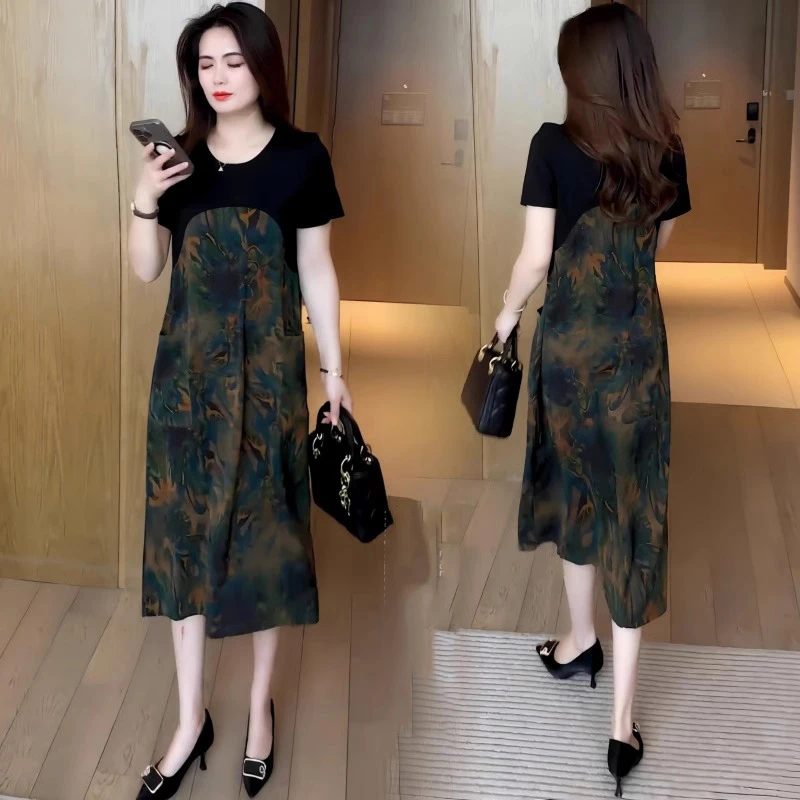 时尚印花短袖连衣裙女士夏季新款拼接洋气A字裙宽松遮肚子中长裙