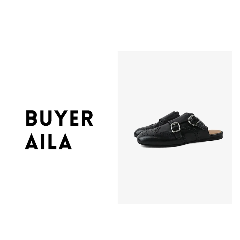 手工布洛克雕花英伦风双扣带平底穆勒包头女鞋