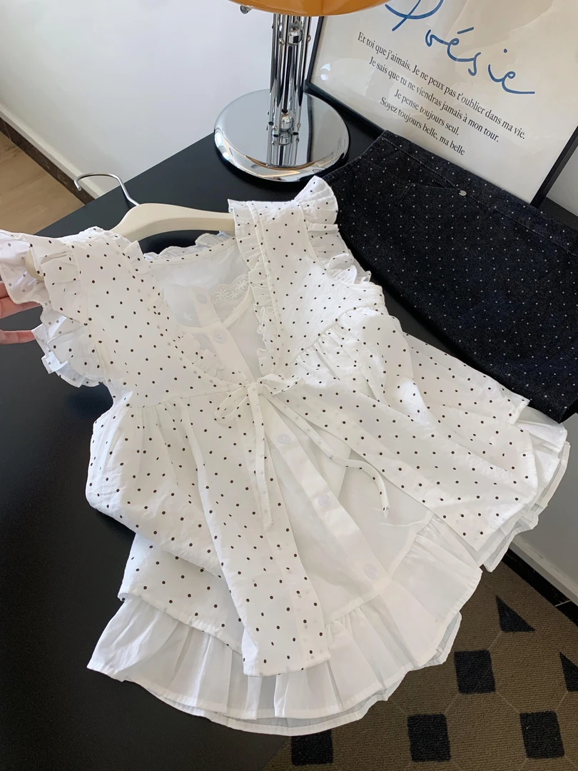 韩系假两件无袖上衣女夏季新款设计感小衫木耳边蝴蝶结小飞袖衬衫