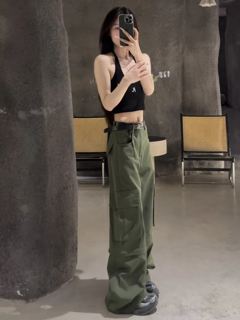 2025年夏季新款 可脱卸两穿军绿休闲阔腿长短两穿多口袋工装裤女
