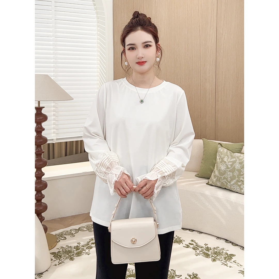 【蕾丝拼接小衫】MsShe大码女装2025新春宽松长袖圆领S~E2502013