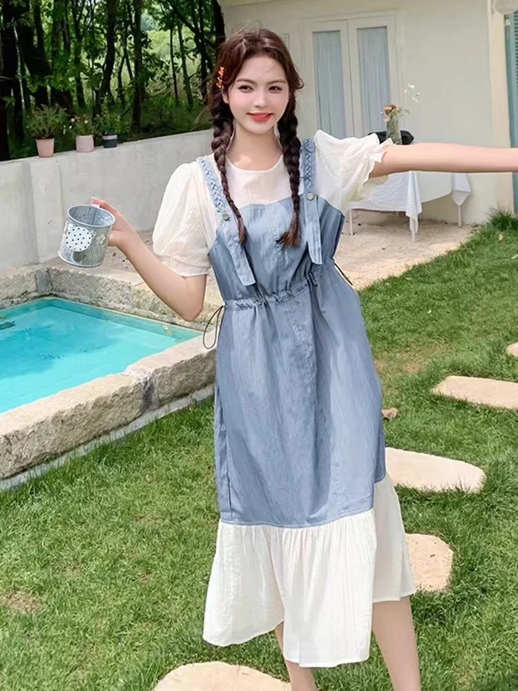 法式复古泡泡袖大码撞色拼接假两件蓝色收腰显瘦A字连衣裙女夏款