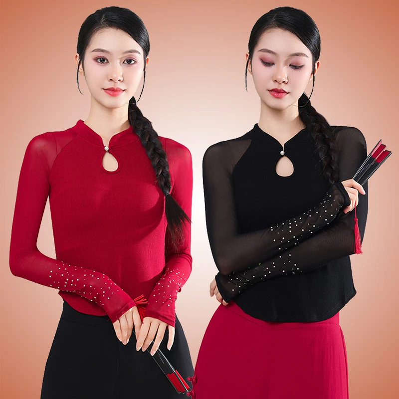 春夏气质古典舞服修身现代舞民族舞服装国风练功服女长袖镶钻上衣