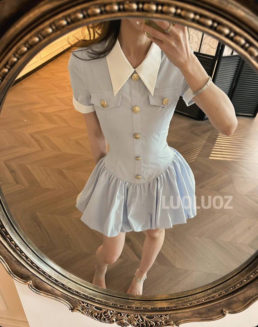 【现货】LUOLUOZ【蓝调花田】全棉撞色收腰绝美夏季短款连衣裙CC157