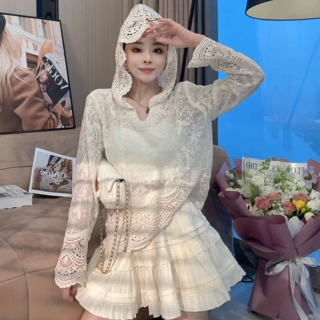 韩系早春穿搭一整套女装连帽蕾丝上衣+半身裙两件套减龄休闲夏季