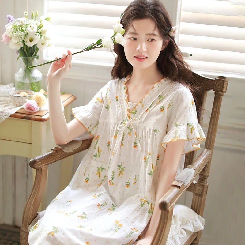 『眠岛』2025夏季新款短袖睡裙女纯棉纱布V领薄款大码可外穿裙子