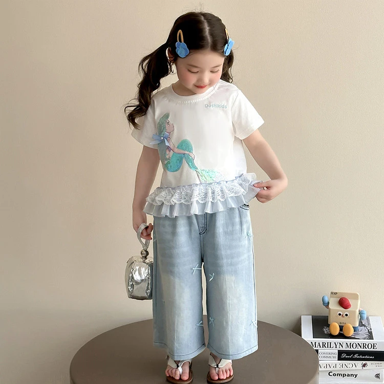 亮片美人鱼女童蕾丝花边套装夏季新款蝴蝶结短袖牛仔裤休闲两件套