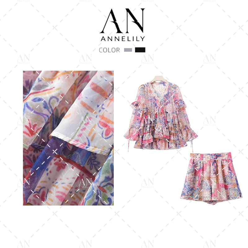 ANNELILY【雨眠】（有吊带）2024年夏季碎花短裤套装AT2406033