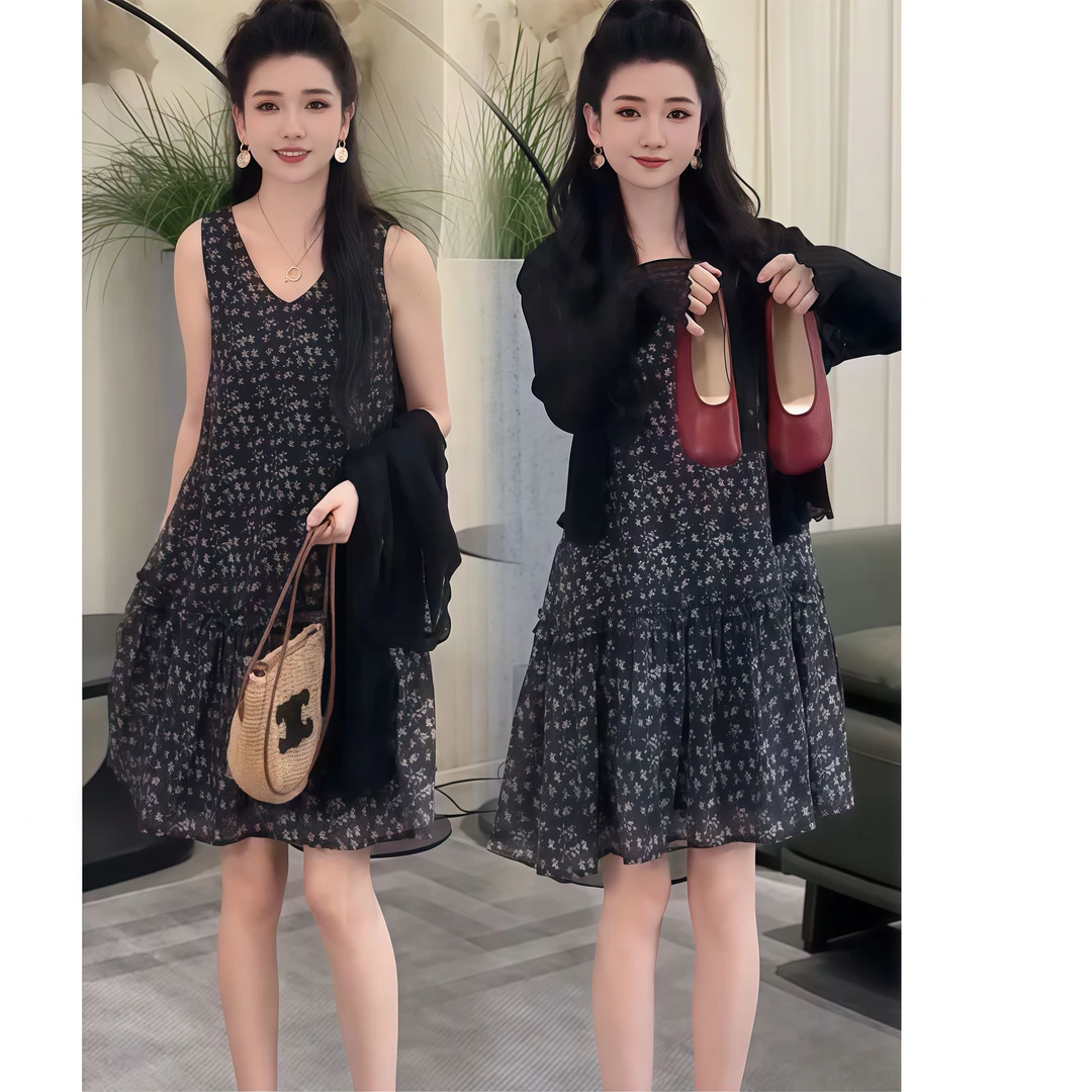 防晒长袖开衫无袖碎花连衣裙两件套2025夏季新款小个子套装潮