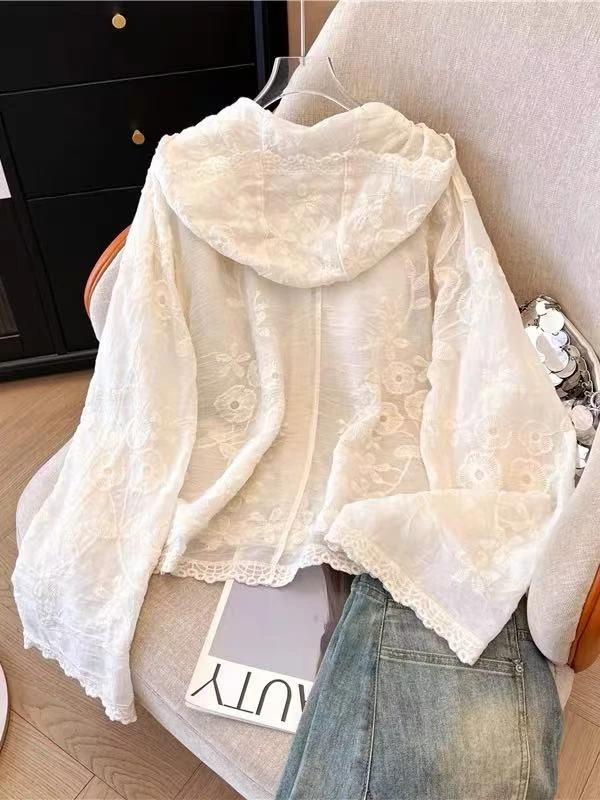 欧货2025夏季新款蕾丝连帽衬衣女防晒薄款长袖宽松开衫外套4020