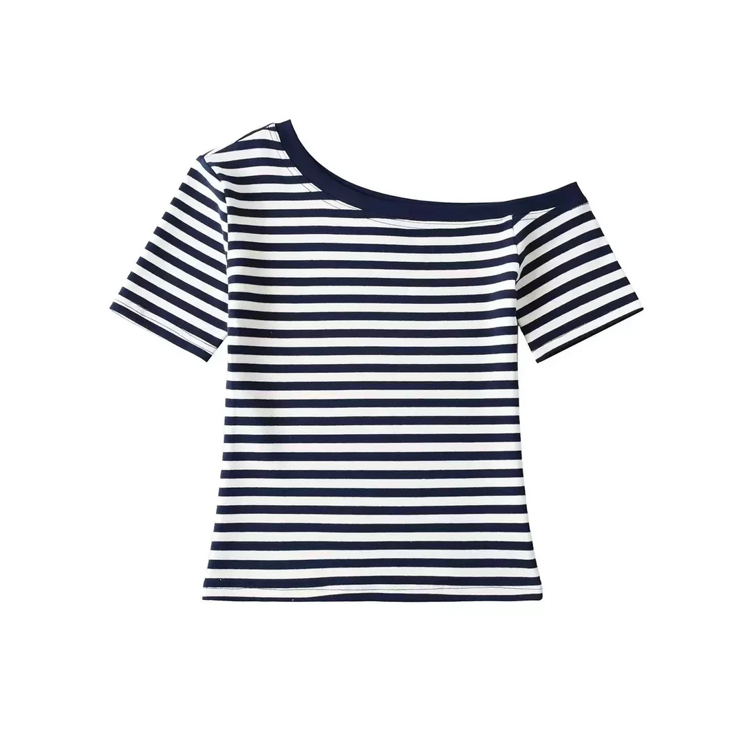 SAMEASME春夏深蓝色海军风条纹慵懒露肩短袖上衣